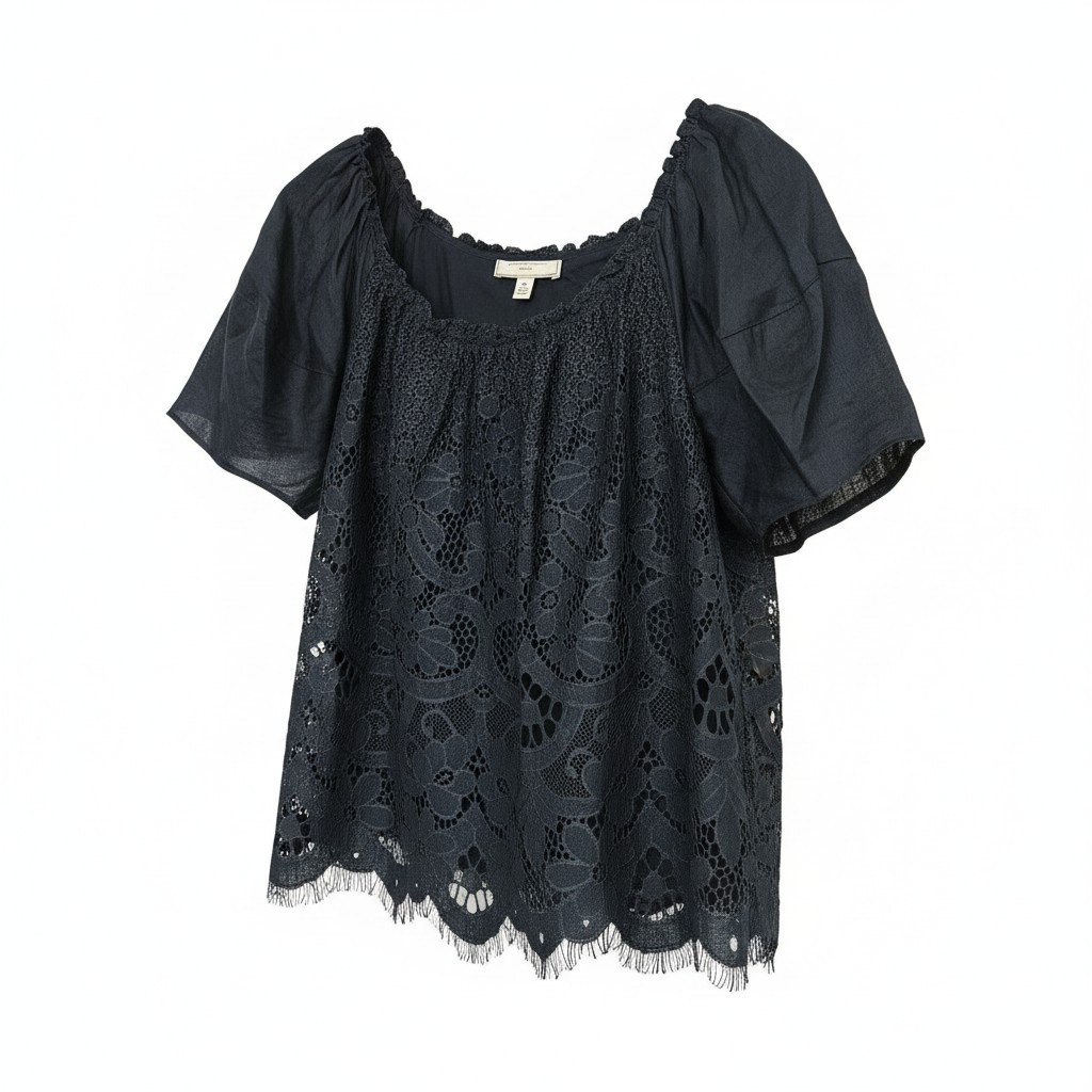 Anthropologie Moulinette Soeurs Top Xs Blue Messina Lace Puff Sleeved Coquette